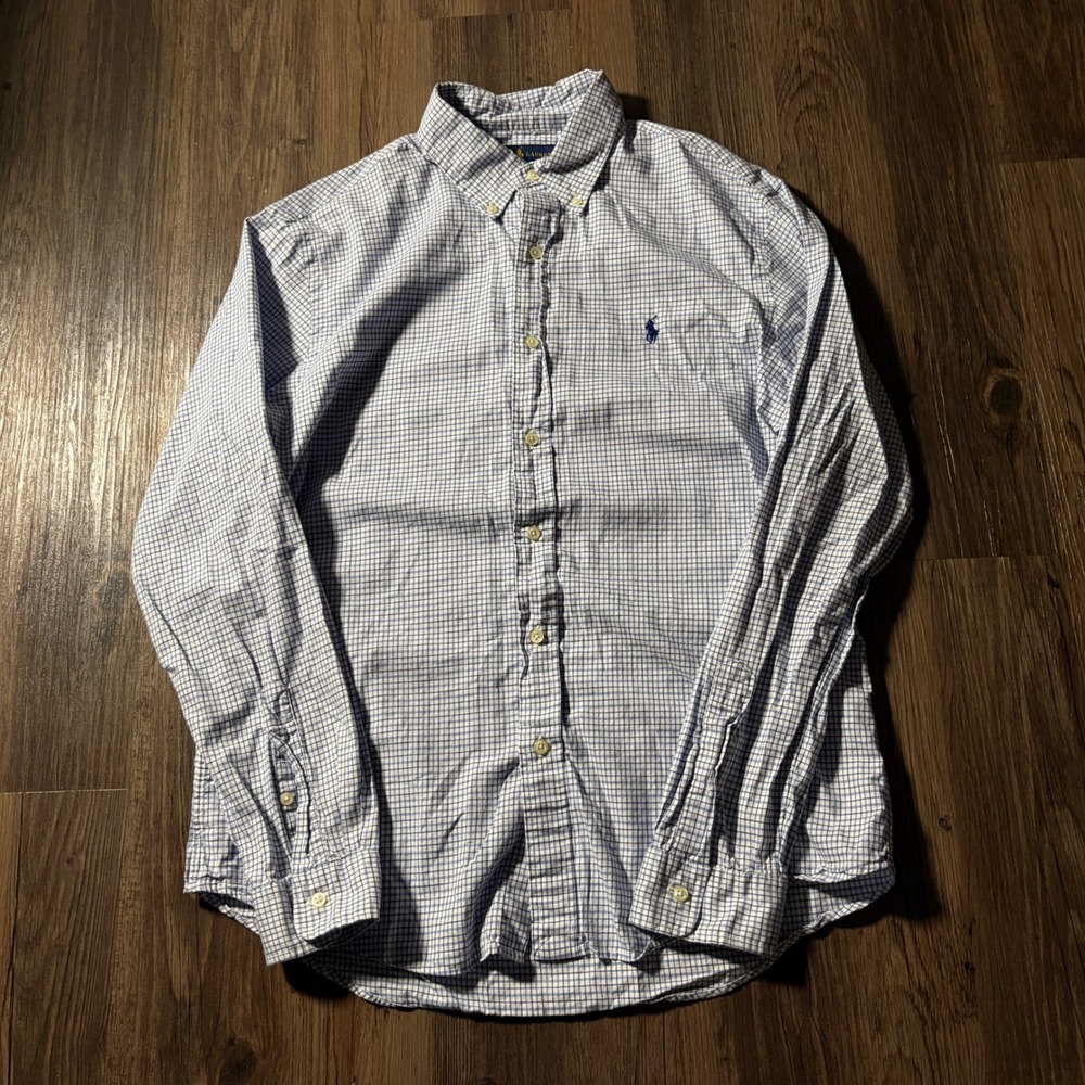 Ralph Lauren Mens Slim Fit Button Down Shirt Large Blue White Gingham Check L